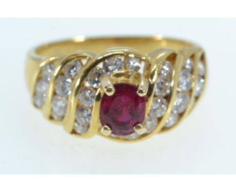 18ct gold, ruby & diamond ring, size P1/2, 6.72 grams 