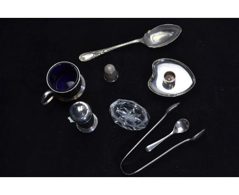 Collection of silver items, various maker's & dates, including jam spoon, blue glass lined mustard pot & spoon, blue glass li