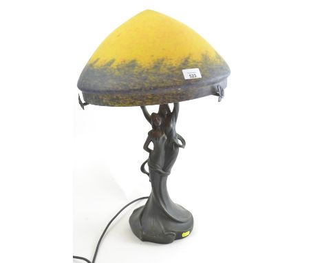 Figurative lamp base of young couple with a Tiffany style shade, height 58cm 