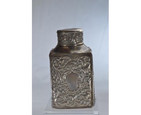 Late Victorian silver embossed tea caddy, maker Goldsmiths Company, London 1897, height 11cm, 120.4 grams, wearAreas of wear,