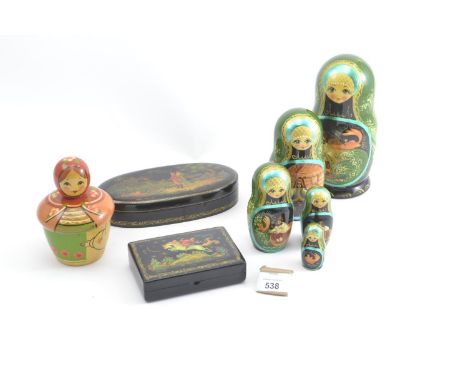 Set of five graduated Russian dolls, largest 19cm, & three trinket boxes 