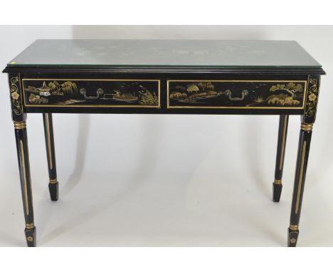 Black & Chinoiserie 2 drawer glass topped console table. W120cm D48cm H82cm 