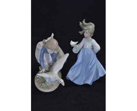 Lladro goose girl & Nao dove girl, tallest 18cm 