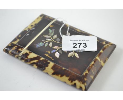 C19th tortoiseshell and mother-of-pearl inlaid card case with hinged lid, 7.5 x 11cm 