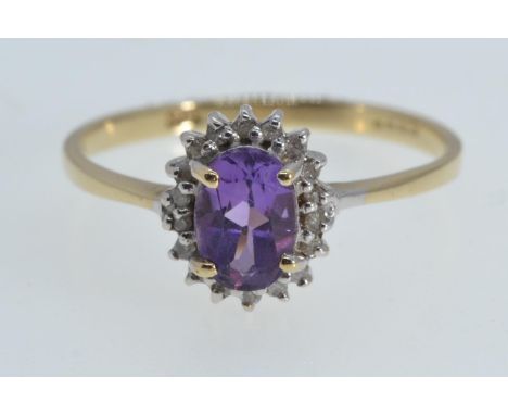 9ct gold, amethyst & diamond cluster ring, size P1/2, 1.7 grams 