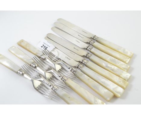 Victorian silver & mother-of-pearl set of six fruit forks & knives, maker HW & Co, Sheffield 1854Some rubbing to hallmarks. 