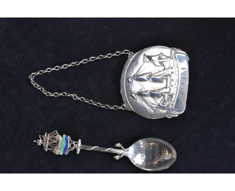 Silver 350th anniversary of the sailing of the Mayflower 'Rum' decanter label, maker Bowden & Sons, London 1969, & a HM silve