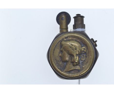 WWI Queen Victoria penny brass trench lighter, approx. 35 x 50mm overall 