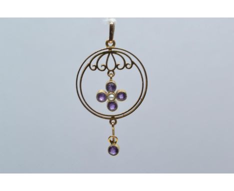 9ct gold, amethyst & seed pearl pendant, length including bale 41mm, 1.95 grams 