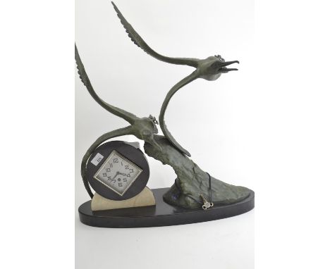 Art Deco mantle clock with spelter gulls, W57 x D19 x H66cmrunning order unknown, small chip to edge of clock mount 
