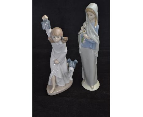 Lladro flower girl, height 23cm, & Nao girl in nightdress with dog and lantern 