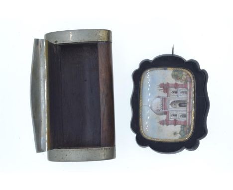 Miniature Indian company school painting of a mausoleum mounted on a brooch (7 x 5cm) together with a wood and white metal mo