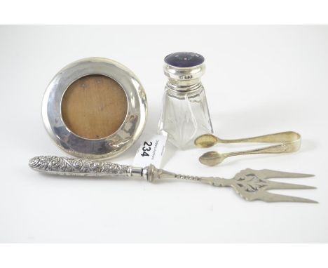 Collection of HM silver items, various makers & dates, including: a circular photo frame, diameter 8.8cm; pair of sugar nips;