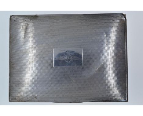 Rectangular silver engine turned cigarette case, maker D. Bros, Birmingham 1939, the cover engraved with the RAF insignia, wi