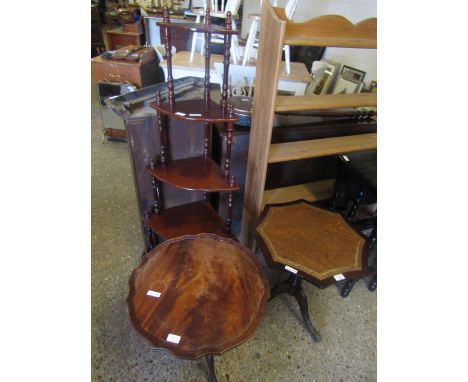 TWO REPRODUCTION MAHOGANY TRIPOD TABLES, ONE WITH A LEATHER TOP, TOGETHER WITH A FURTHER TEAK EFFECT CORNER WHATNOT (3)   