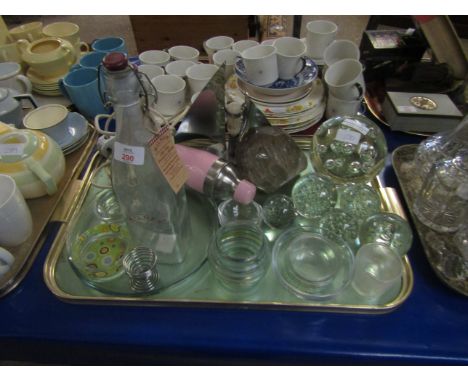 TRAY CONTAINING MIXED GLASS WARES, CHROMIUM RETRO LAMP, MIXED PAPER WEIGHTS ETC   