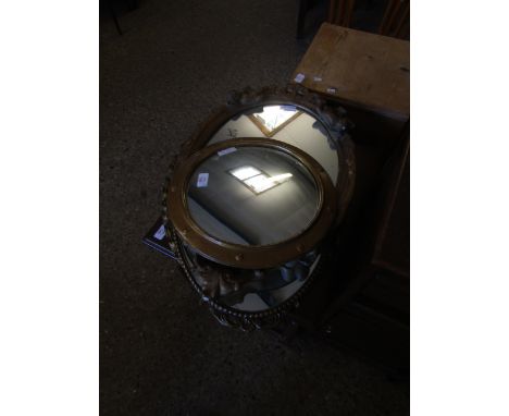 THREE OVAL RESIN WALL MIRRORS, ONE WITH RIBBON TOP TOGETHER WITH A FURTHER CONVEX MIRROR WITH BUTTON DETAIL (4)   