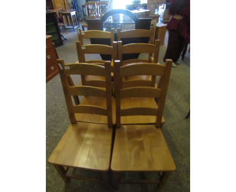 SET OF SIX BEECHWOOD HARD SEATED LADDER BACK KITCHEN CHAIRS COMPRISING FOUR DINING CHAIRS AND TWO CARVERS (6)   
