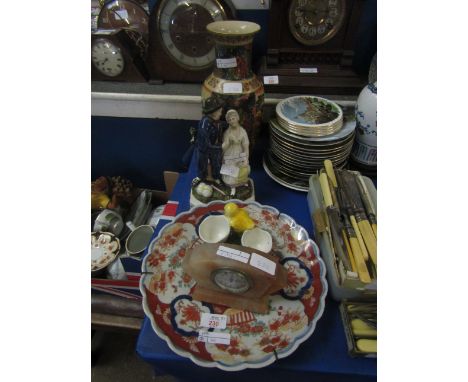 IMARI SCALLOPED DISH TOGETHER WITH A FURTHER ONYX SMALL MANTEL CLOCK AND CUP HOLDER, ORIENTAL VASE AND A 19TH CENTURY STAFFOR