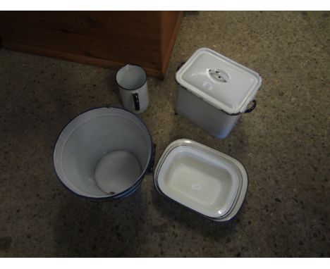 MODERN ENAMEL WARES TO INCLUDE A BREAD BIN, PAIL, JUG AND THREE VARYING SIZED PANS   