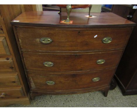 19TH CENTURY MAHOGANY BOW FRONTED THREE FULL WIDTH DRAWER CHEST RAISED ON BRACKET FEET   