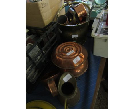 TWO CIRCULAR COPPER HOT WATER BOTTLES, A JUG AND A CHAMBER STICK, TOGETHER WITH A BRASS COAL HELMET ETC   