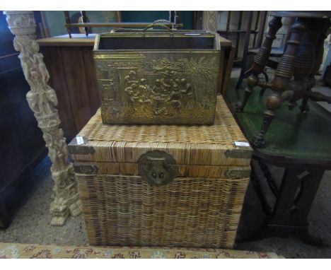 ORIENTAL WICKER CUBE FORMED STORAGE BASKET TOGETHER WITH ASSORTED LIGHT FITTINGS AND TWO PRESSED BRASS MAGAZINE RACKS   