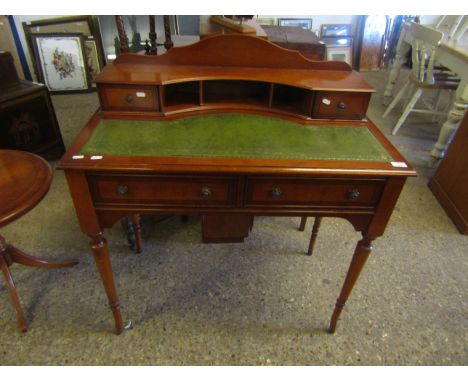 REPRODUCTION YEW WOOD LADIES DESK, THE TOP FITTED WITH TWO DRAWERS WITH OPEN SHELF AND GREEN LEATHER INSERT OVER TWO DRAWERS 