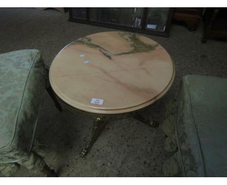 CIRCULAR MARBLE TOPPED SMALL PROPORTION COFFEE TABLE WITH A CAST BRASS TRIPOD BASE WITH FIGURE MOUNTED KNUCKLES   