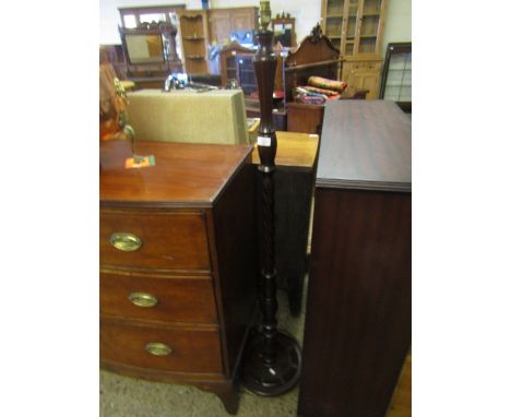 TEAK FORMED TWISTED COLUMN STANDARD LAMP (LACKING SHADE) ON TURNED BASE   