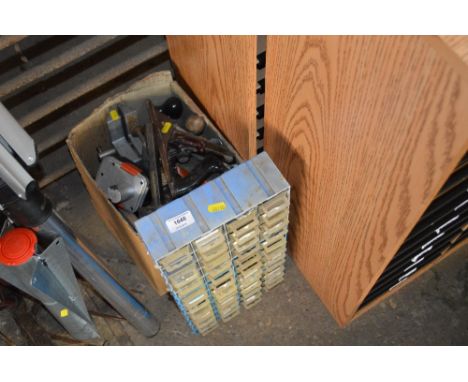 A plastic multi drawer chest and contents together with a box of hand tools 