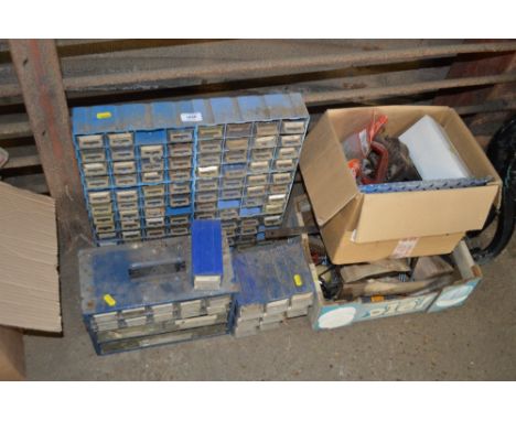 Three plastic multi drawer chests together with two boxes of various hand tools 
