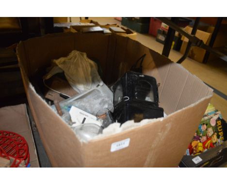 A box of various sundry items to include medical instruments and scientific glassware