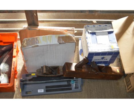 Two boxes of tiles; two moulding planes; tile cutter etc