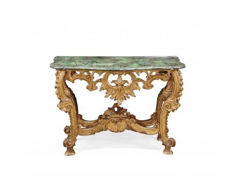 CONSOLE XVIII secolo Legno intagliato e dorato, con piano in legno dipinto a finto marmo verde. Danni. 88 x 128 x 66 cm - Con