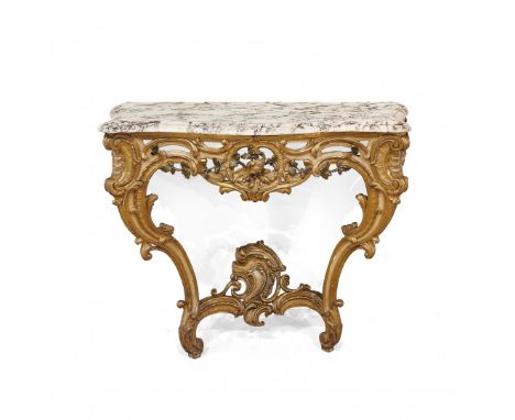CONSOLE A GOCCIA Piemonte, XVIII secolo Legno intagliato, dorato e dipinto, con piano in marmo. 87 x 110 x 56 cm - Console Pi