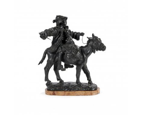 ANGIOLO MALAVOLTI 1876-1947 Fratelli a dorso d'asino Scultura in bronzo a patina scura su base in marmo rosso. 41 x 35,5 x 21