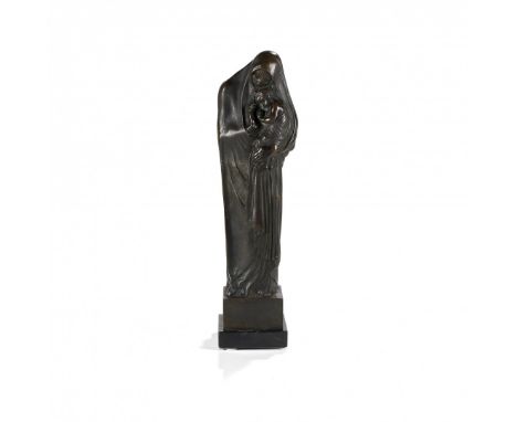 LEONARDO BISTOLFI 1859-1933 Madonna col Bambino Scultura in bronzo a patina bruna, su base in marmo nero. Firmata alla base. 