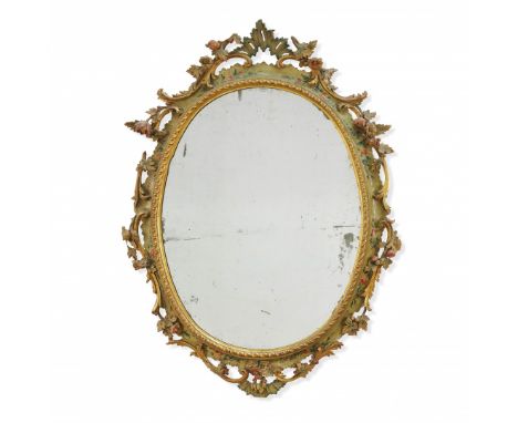 SPECCHIERA XIX-XX secolo Sagomata, in legno dipinto a fiori su fondo verde chiaro, in stile veneziano del XVIII secolo, con s