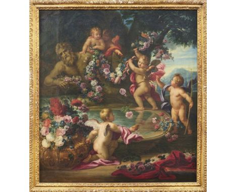 MICHELE ANTONIO RAPOUS 1733-1819 Putti che giocano presso una fontana Olio su tela. 102 x 94 cm - Putti playing at a fountain