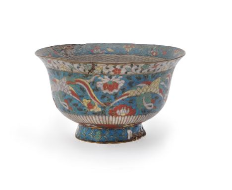 A Chinese cloisonné bowl, Ming Dynasty, 17th century, the exterior with phoenix birds amongst scrolling lotus flowers, the in