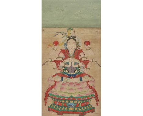 A Chinese painting of a seated buddha, ink and colour on silk, scroll, picture size 55cm long x 36cm wide设色菩萨像 绢本卷轴Condition 