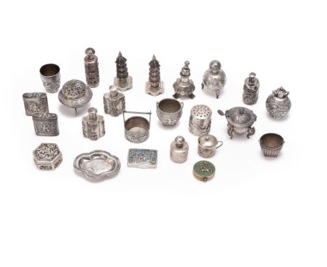 A collection of twenty four Chinese export sliver items, late 19th-early 20th century, comprising: a pair of lobed pepper pot
