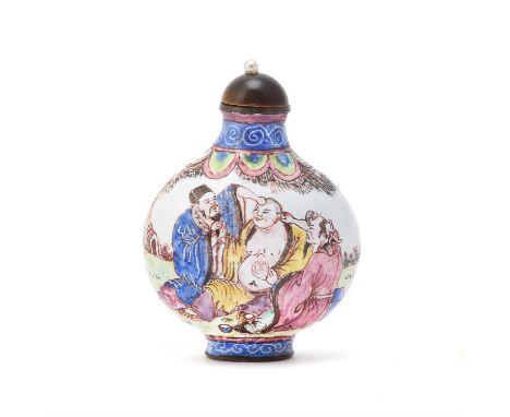 A Chinese famille rose enamel snuff bottle, 19th century, painted with three scholars and three children, the base inscribed 