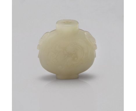 A Chinese celadon jade snuff bottle, the flattened bottle carved in relief with one chilong dragon and the reverse with a pru