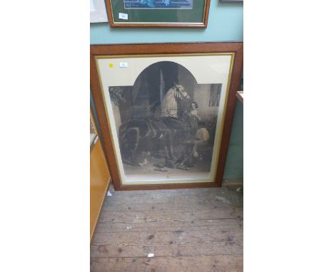 Large oak and gilt framed Victorian framed black and white print after J.F. Herring senior 'Feeding the Horse'
