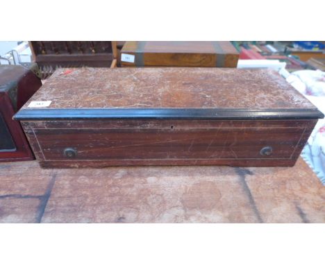 Rectangular oak cased music box inset brass roller, the teeth generally in need of restoration