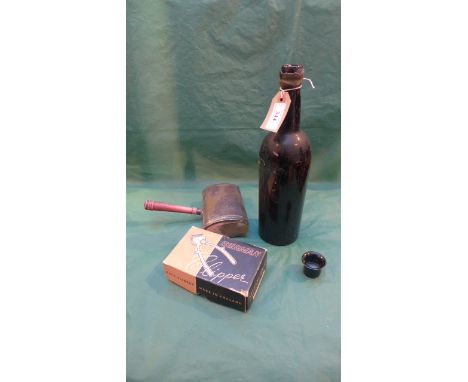 Vintage bottle and contents, boxed set of Burman hair clippers and a plated roller crumb brush and tray