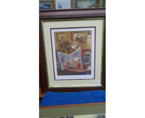 Framed coloured photograph of rural scene and framed comical limited edition dog print 'What About Me' 