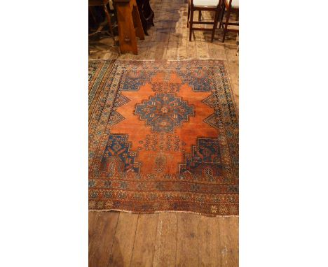 Port and blue ground Oriental carpet with decorative central field (48" x 77")